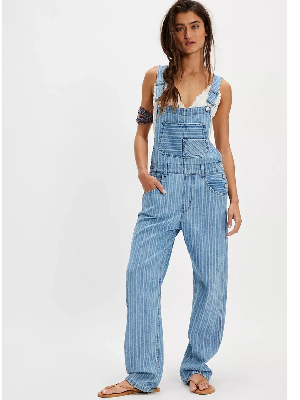 Free People We The Free Ziggy Railroad Stripe Denim Overalls Beachcomber Blue S
